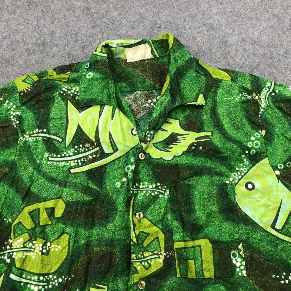 Camisa De Colección Go Barefoot Para Hombres Mediana Verde Pez Hawaiano Aloha Abotonada Años 90 Foto 4 de 4