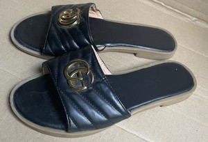 Women slide sandal with Double G in black leather EU 38. See Detailed Pictures.