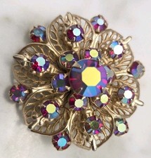 Vintage Gold-Tone Filigree Flower Brooch with Aurora Borealis Rhinestones — listing 3