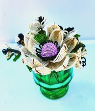 VINTAGE HAND MADE FRENCH GLASS IRIDESCENT BEADED FLOWERS 8 PIECES