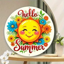 1pc Round Aluminum Sign- 8x8inch Vintage Style Wall Decoration, Featuring Summer