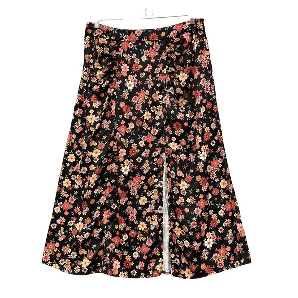 Piper Skirt Womens 12 Black Floral A-Line Midi Satin Front Split Lined Party