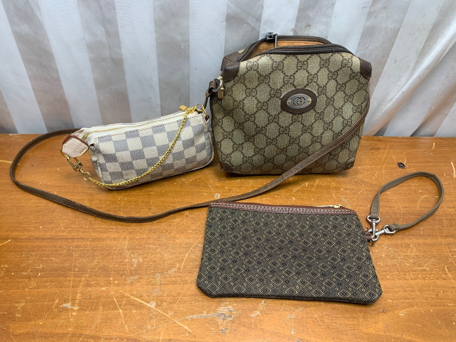 3 Small Designer Brown Geometric Pattern Purses S… - image 1