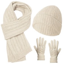 Unisex Winter Cable Knit Beanie Scarf Gloves Set Cream Warm 3 Piece