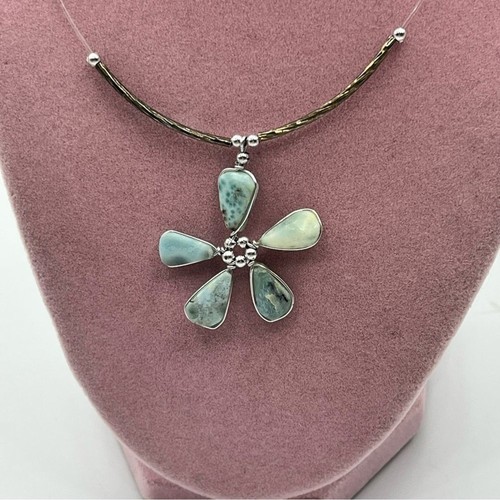 Elegant Silver tone and Larimar gemstone Blue Flower Pendant Necklace - Picture 8 of 8