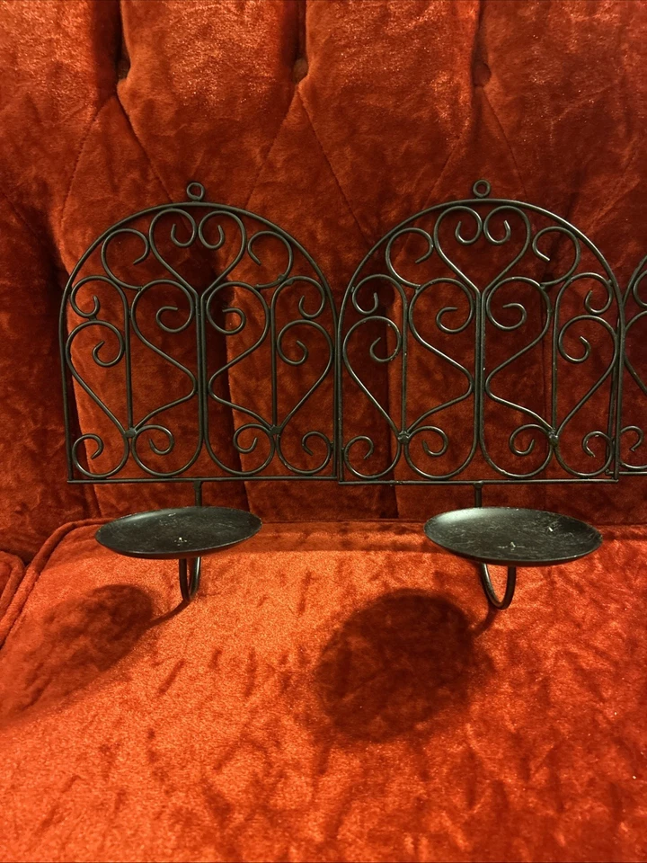 "Juego de 4 apliques de pared de vela vintage de hierro forjado negro de 10 pulgadas de alto x 7""" Foto 2 de 4