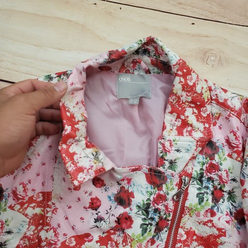 Asos Jacket Womens 20 Pink Red Motorcycle Zip Up Coat Floral Faux Leather Ladies - Picture 3 of 11