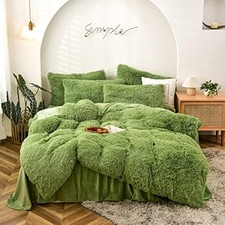 Fluffy Duvet Cover Set Full Size Green Ultra Soft Shaggy Fluffy Comforter Cov...
