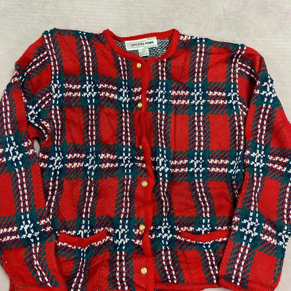 Cárdigan tejido vintage a cuadros estampado suéter tejido para mujer L Foto 2 de 4