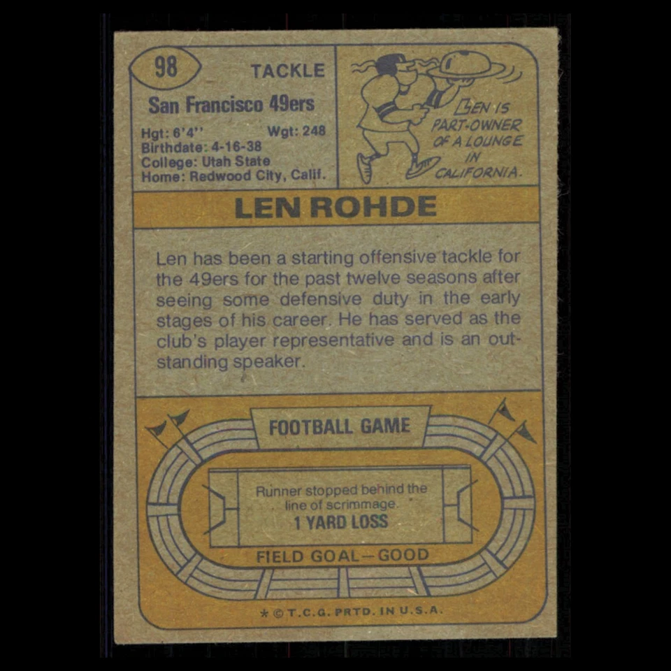 Len Rohde #98 1974 Topps San Francisco 49ers Football Card NFL NM - Image 2 of 3