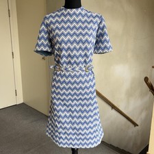True Vintage 1960s Size M Retro Blue Chevron Dress Mod Belted Short Sleeves