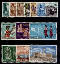 UGANDA QEII SG99-110 + 100a, 1962-4 set plus 10c coil stamp, USED. Cat �29.