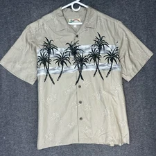 Paradise Found Hawaiian Shirt Mens XL Gray palm tree Silk Beach Camp loop collar