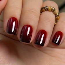 Short Square Burgundy Press On Nails, Ombre Dark Red