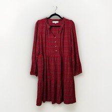 LOFT Red & Gold Thread Tiered Check Shimmer Plaid Dress Cottage Flowy Size Large