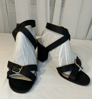 J Crew Women's Black Leather Strappy Block Heel Sandals Sz