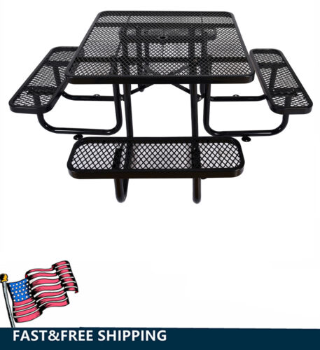 46in Square Steel Picnic Table & Bench for Garden w/ Umbrella Hole Outdoor