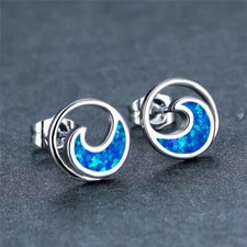 Aretes Hawaii Beach Azul Ópalo de Fuego Onda Rellenos de Plata para Mujeres Niñas