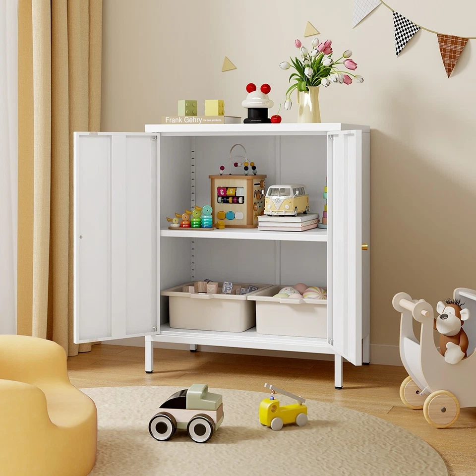 Gabinete de almacenamiento con detalles metálicos de 2 puertas con 2 estantes extraíbles para oficina en casa Foto 2 de 4