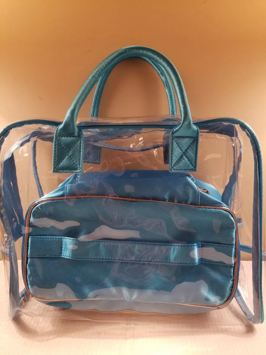 CLEAR w SATIN BLUE TRIM DOUBLE HANDLE TOP ZIP PLASTIC HANDBAG TOTE