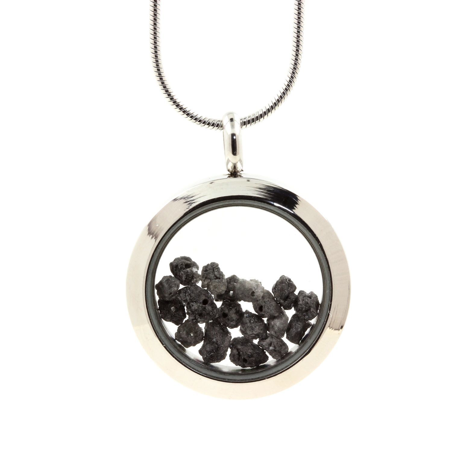 Pendentif diamant gris brut collier médaillon argent femme 25mm