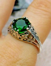 Emerald Ring, Simulated Gem, Art Deco Silver Filigree Custom-Made D159