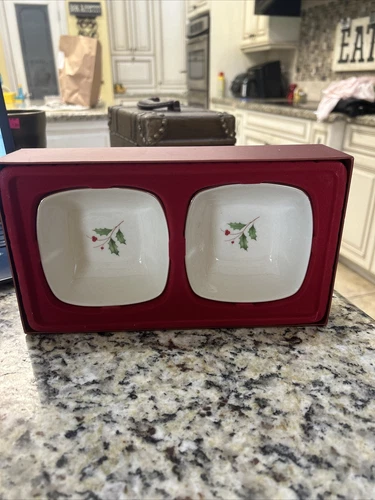 VTG Lenox Holiday Dipping Bowl Set of 2 Ivory with Holly Leaves & Berries In Box