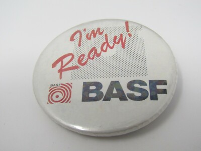 Vintage BASF Pinback Button ''I'm Ready!'' Slogan Promo Advertising Badge Holo