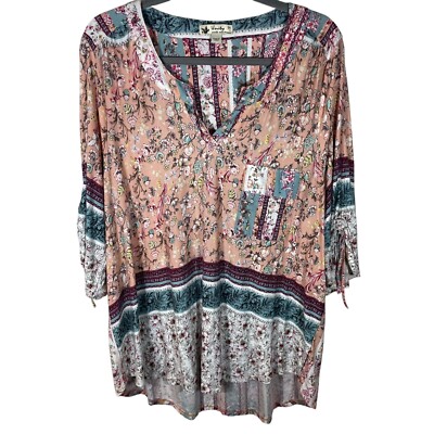 Unity World Floral Boho Hippie Hi Lo Tunic Women 3X Pocket Shirred Sleeve