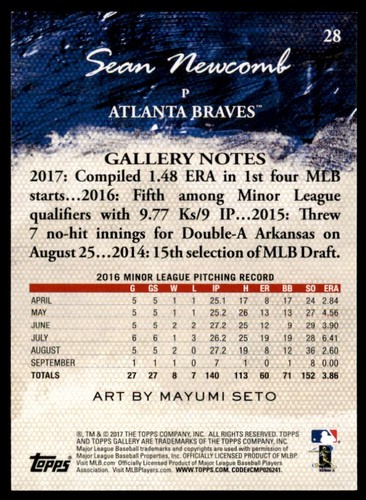 2017 Topps Gallery Sean Newcomb RC Atlanta Braves #28 - Picture 2 of 2
