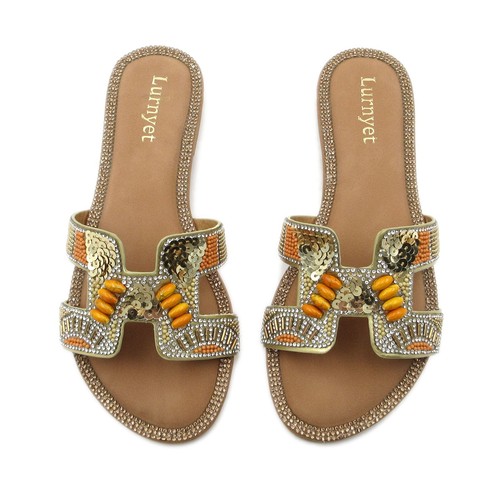 Women's Beaded Sandals Sequin Embellished Slides Rhinestone Flat Summer Slippers - Picture 25 of 32