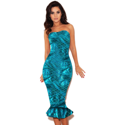 blue mermaid tail dress Blue Satin Mermaid Halter Bow Tie Back Prom Dresses With Train, MP1035 main image 0