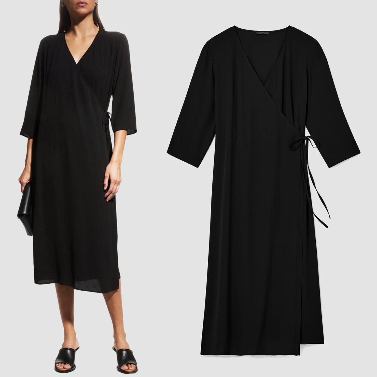 eileen fisher silk wrap dress Eileen Fisher - Women's Textured Silk Jacquard Wrap Dress - Black