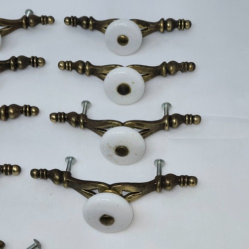 LOT OF 13 VTG CURVED BRASS DRAWER PULLS HANDLES W/CERAMIC KNOBS NATIONAL LOCK - Picture 5 of 7