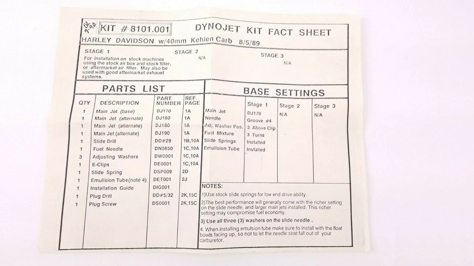 Dynojet Jet Kit Stage 1 #8101 for 1988 Harley Sportster w/ 40mm Kehien Carb - Image 3 of 4