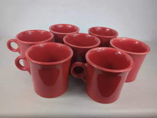 Fiesta Ware Red O Ring Handle Coffee Mugs Cup Set Of 7 Homer Laughlin USA