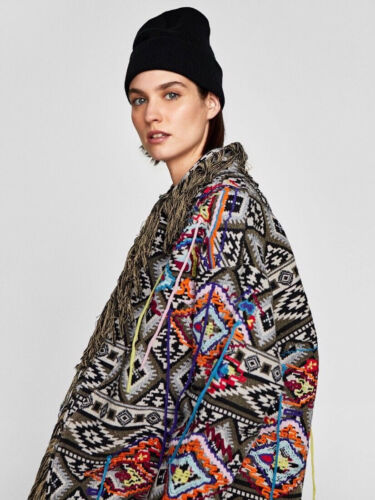 A444 ZARA KIMONO FRINGED TRIBAL AZTEC EMBROIDERED BLAZER COAT JACKET - S - Picture 7 of 17
