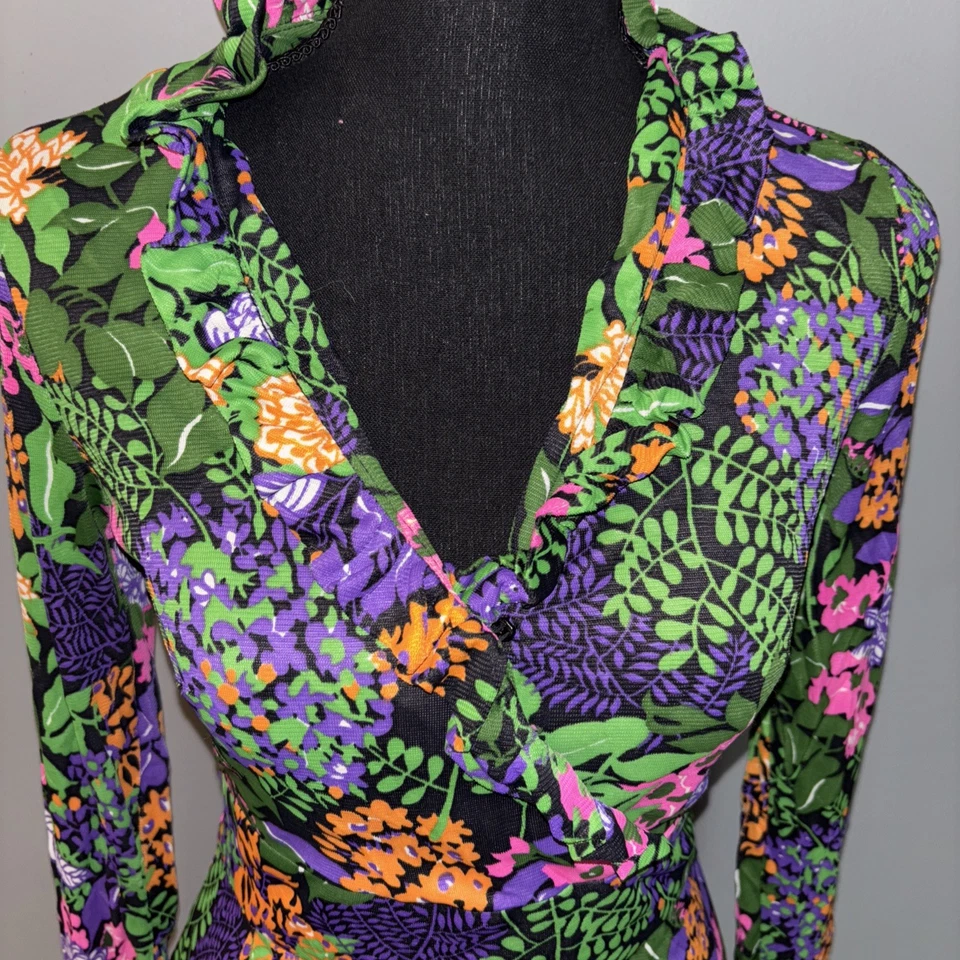 Maxi Vestido Vintage Años 70 Negro Floral Volantes Cuello en V Manga Larga Retro Hippy Talla S Foto 2 de 4