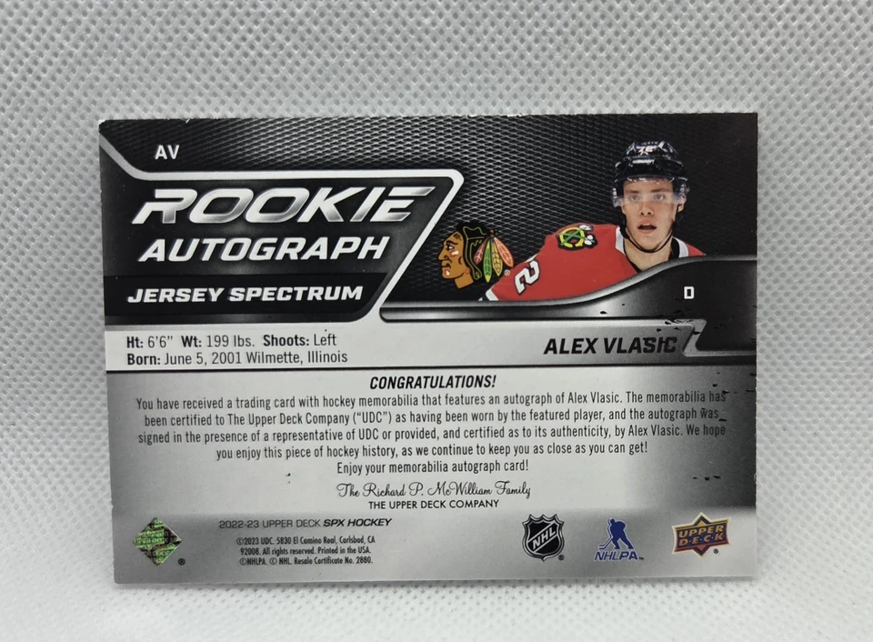 2022-23 SPx Rookie Autograph /65 Alex Vlasic AV - Image 2 of 2