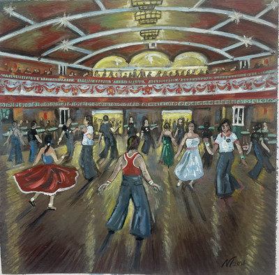 Northern Soul; ''Dancers at Wigan Casino'' original oil painting, 12x12 ins