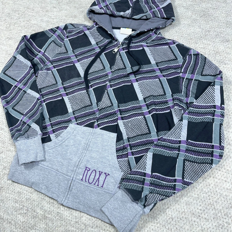 De colección Y2K Roxy Sudadera con Capucha Mujer Grande Gris Púrpura Cremallera Completa Chaqueta Geométrica Patín Foto 2 de 4