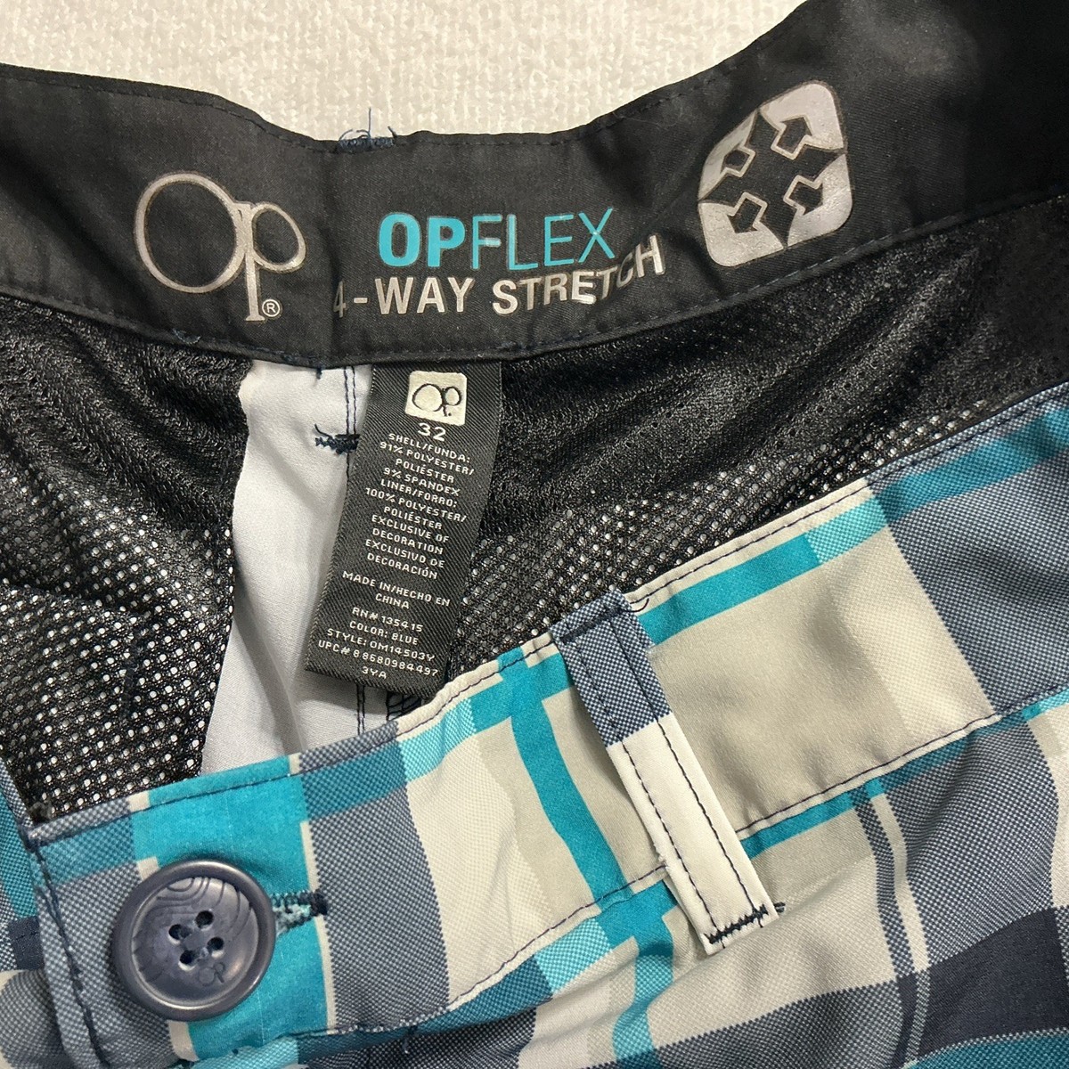 OP Ocean Pacific Shorts Mens 32 Blue Plaid 4-pockets Beach