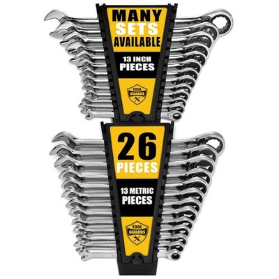 Dual Metric & SAE 26-Pc Ratcheting Wrench Set with Heavy-Duty Rack Organizer