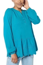 LOGO by Lori Goldstein Women's Split Crewneck Eyelet Blouse Ocean