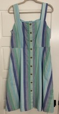 Talbots Dress 8 Green Purple Stripe Cotton Beach Fit Flare Sundress Pocket Midi