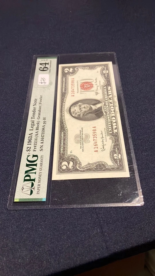 1963 A $2 Two Dollar Red Seal USN Note Choice Uncirculated PMG 64 AA Block EPQ - Image 3 of 4