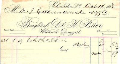 1898 Charleston SC Dr. H. Baer Druggist Billhead to Wanamake