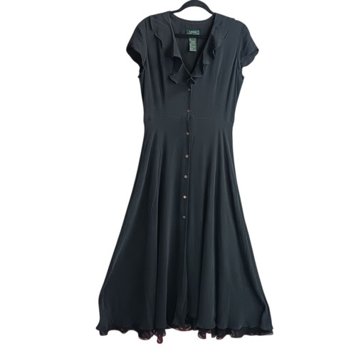 LAUREN RALPH LAUREN 100% Silk Maxi Dress Women’s 12 Black Button Up Ruffled Cap