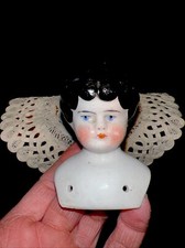 Antique Porcelain Head Doll Blue Eyes Beauty Black Hair