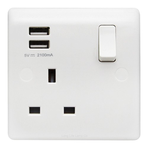 Single Wall Plug Socket 1 Gang 13A with 2 USB Ports Screwless Slim Flat Plate - Picture 8 of 31